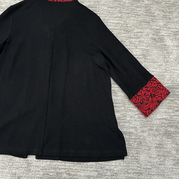 Ali Miles Jacket Womens Large Black Red Rose Trim 3/4 Sleeve Button Front - Picture 8 of 14